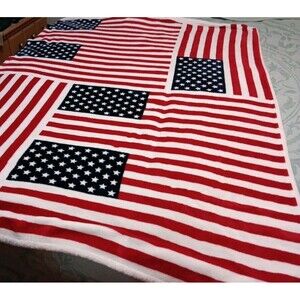 Vintage Tommy Hilfiger Americana Patriotic Flag Fleece Blanket Twin Throw 48x65